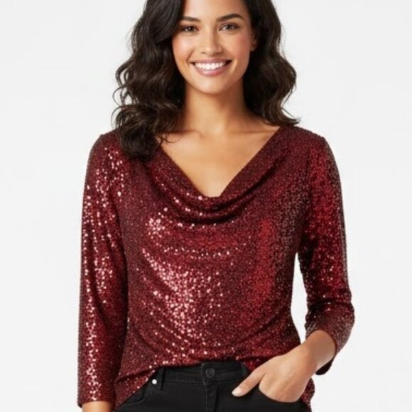 Eileen Fisher Silk Sequin Cowl Drape Neck Top Burgundy Red Size Large - Picture 1 of 10
